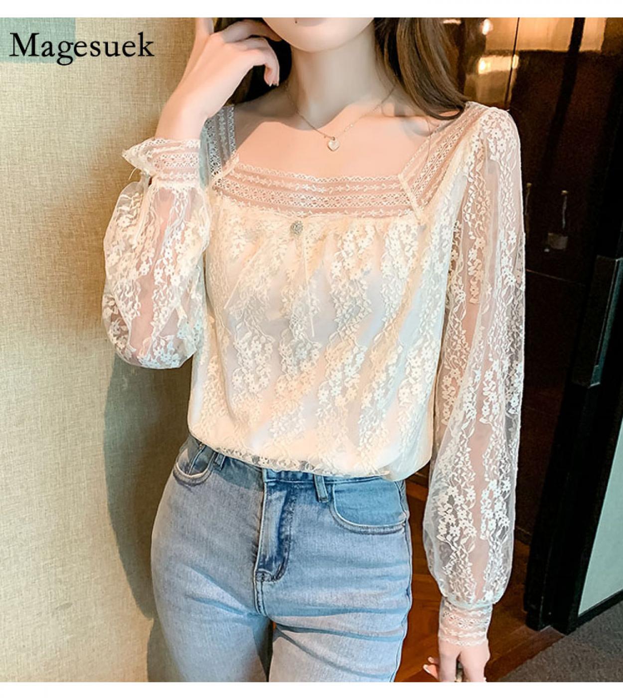 French Bow Apricot Elegant Flower Shirts Lady Square Collar Lace Womens Blouse Sweet New Hollow Out Mesh Long Sleeve To