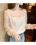 French Bow Apricot Elegant Flower Shirts Lady Square Collar Lace Womens Blouse Sweet New Hollow Out Mesh Long Sleeve To