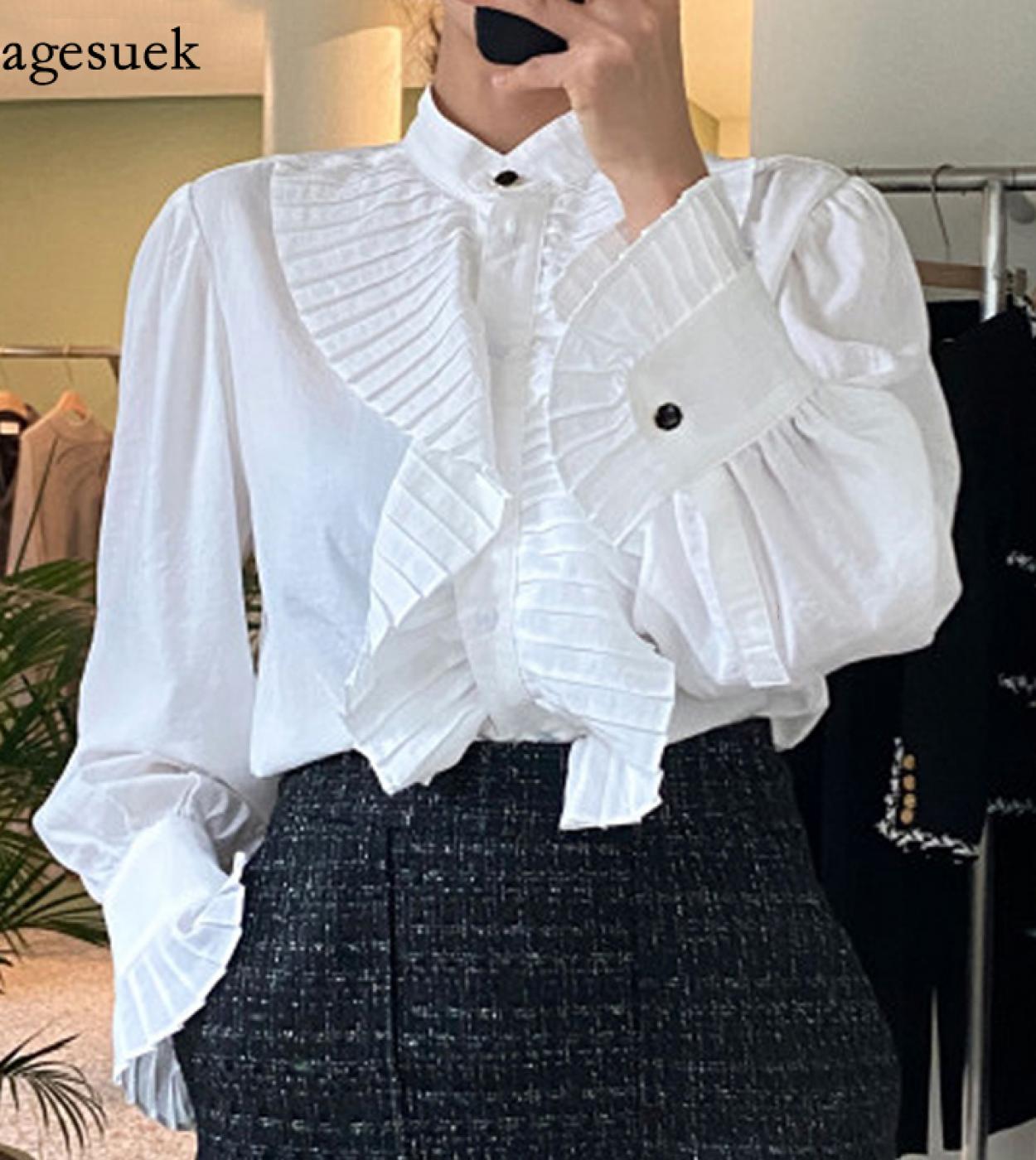 Women Ruffles Palace Style Blouse Stand Collar Flare Long Sleeve Top Female Elegant Blouse Women Ol Office White Shirt 1