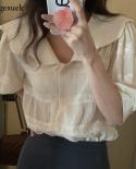  Style Loose Chiffon Women Shirts Summer Petal Doll Collar Lapel Lace Blouse Female Spring Apricot Short Sleeve Tops 152