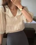 Style Loose Chiffon Women Shirts Summer Petal Doll Collar Lapel Lace Blouse Female Spring Apricot Short Sleeve Tops 152