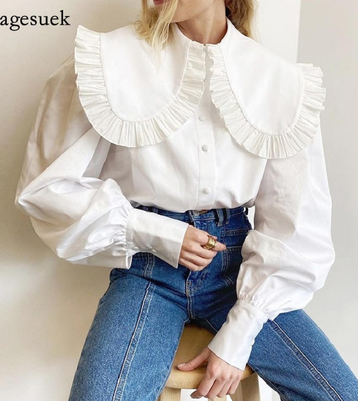 Spring Peter Pan Collar Women Blouse Vintage Ruffle Long Sleeve White Shirt Cotton Casual Tops Female Summer Frill Shirt