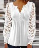 Elegant Lace Stitching Princess Blouse Women V Neck Spring Pleated Hollow Out Shirts Fashion White Button Long Sleeve To