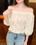 Summer Embroidery Sweet Offtheshoulder Blouse Women Elegant Puff Half Sleeve Tops Loose 2023 Casual Chiffon Shirt Blusas