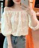 Summer Embroidery Sweet Offtheshoulder Blouse Women Elegant Puff Half Sleeve Tops Loose 2023 Casual Chiffon Shirt Blusas