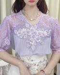 Elegant V Neck Lace Chiffon Blouse With Flowers Women Summer 2023 Puff Short Sleeve Tops Mujer Loose Pleated Ladies Shir