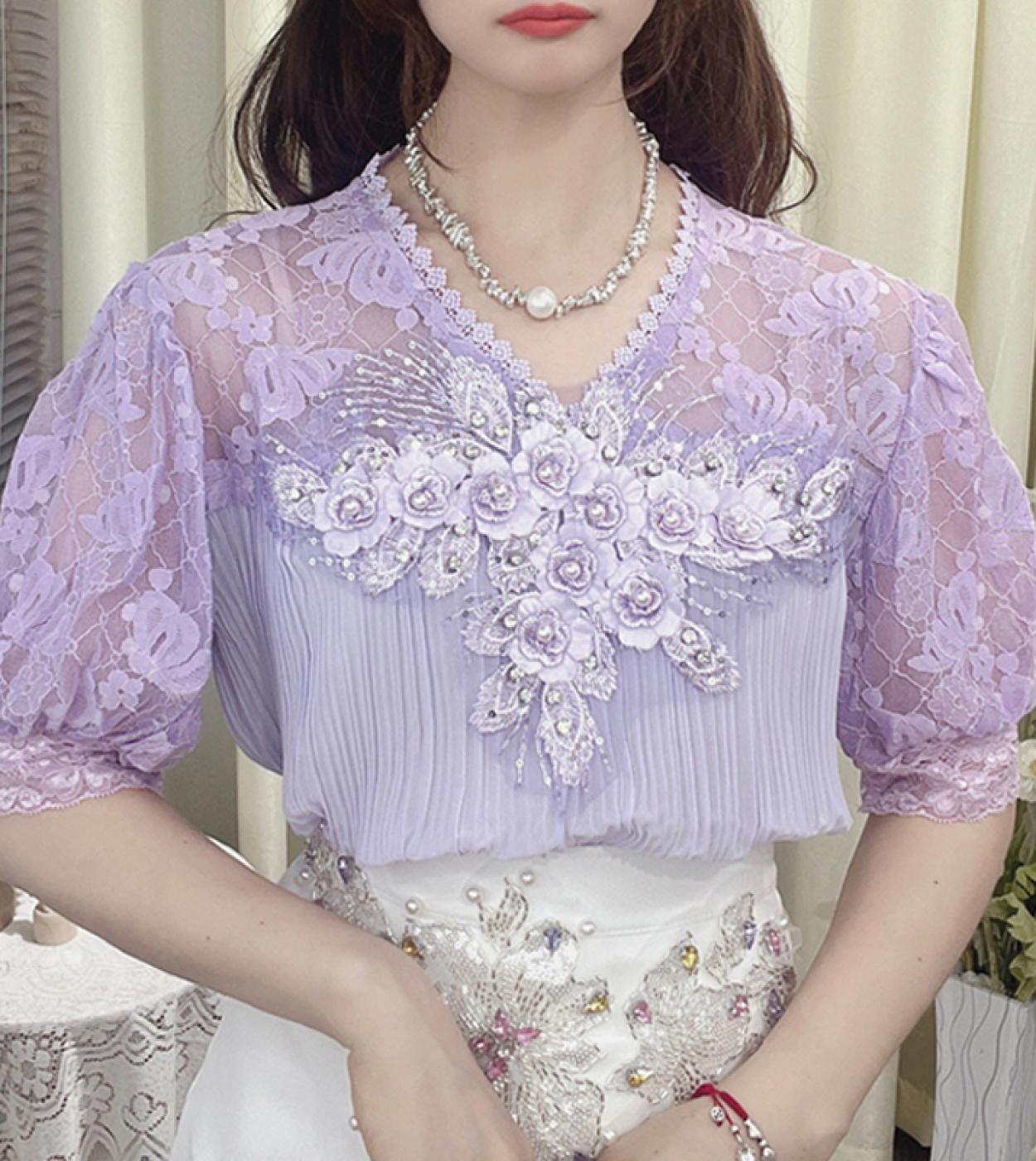 Elegant V Neck Lace Chiffon Blouse With Flowers Women Summer 2023 Puff Short Sleeve Tops Mujer Loose Pleated Ladies Shir