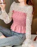 Women  Autumn Slimming Waist Ruffled Tops Pullover Oneck Pleated Shirts Sweet Lace Stitching Puff Long Sleeve Blouses 11