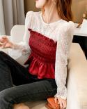 Women  Autumn Slimming Waist Ruffled Tops Pullover Oneck Pleated Shirts Sweet Lace Stitching Puff Long Sleeve Blouses 11