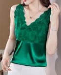 V Neck Sleeveless Lace Satin Tank Top Summer Blouse Women Elegant Crochet 2023 Fashion Casual  Solid Vest Blusa Mujer 24
