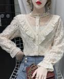 Autumn Vneck Mesh Stitched Ruffle Blouse Women Elegant Stand Collar Hollow Lace Shirt Flare Long Sleeve Top Women Blusas