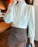 French Elegant Blouse Women Fashion Spring Stand Collar Lace Pleated Shirt Long Sleeve Female Clothing Chiffon Tops Blus