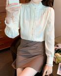 French Elegant Blouse Women Fashion Spring Stand Collar Lace Pleated Shirt Long Sleeve Female Clothing Chiffon Tops Blus
