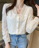 Spring Lace Crochet Women Blouse  New  Chic Embroidery Floral Vneck Long Sleeve Shirt Elegant Splicing Lace Top 13979  W
