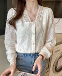 Spring Lace Crochet Women Blouse  New  Chic Embroidery Floral Vneck Long Sleeve Shirt Elegant Splicing Lace Top 13979  W