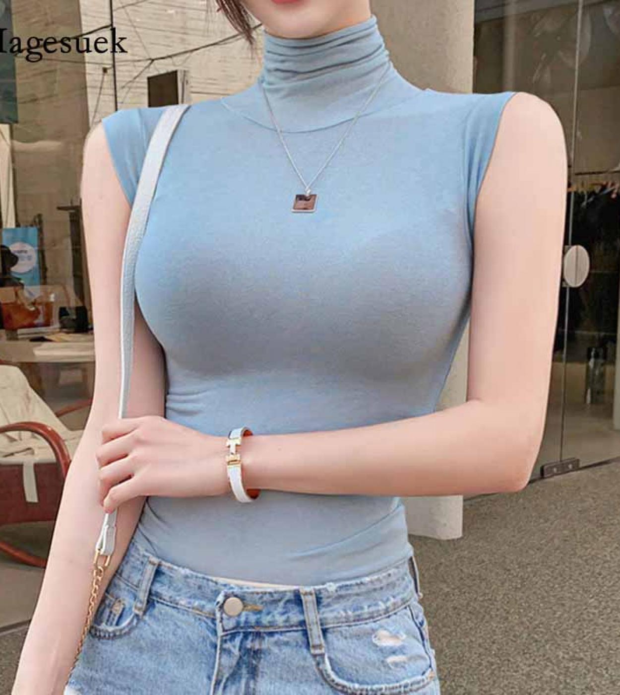 New Sleeveless Solid Casual Cotton Tank Top Autumn Turtleneck White Tops For Women Corset Tops To Wear Out Clothes Women