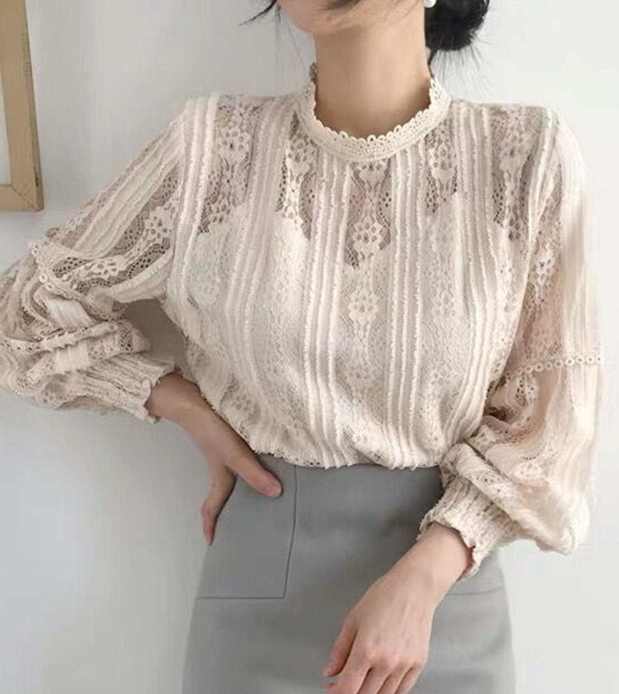 Stand Collar Elegant Lace Blouse Women Spring Bottom Puff Long Sleeve Shirt Hook Hollow Flower French Tops Blusas Mujer 