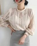 Stand Collar Elegant Lace Blouse Women Spring Bottom Puff Long Sleeve Shirt Hook Hollow Flower French Tops Blusas Mujer 
