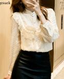  Autumn Elegant Chiffon Lace Blouse Causal Oneck Long Sleeve Shirts Women Top Apricot Solid Button Blouses Blusas 16979 