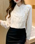  Autumn Elegant Chiffon Lace Blouse Causal Oneck Long Sleeve Shirts Women Top Apricot Solid Button Blouses Blusas 16979 