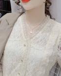 Vneck elegante ahueca hacia fuera las camisas para las mujeres otoño flores dulces blusa de encaje albaricoque suelto de manga l