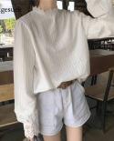 נשים פסים לבנים תחרה קזואל פנס חולצות שרוולים ארוכים חולצת כותנה סתיו לנשים חולצת סוודר נשים 10912 b