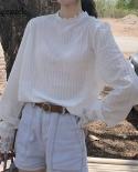 נשים פסים לבנים תחרה קזואל פנס חולצות שרוולים ארוכים חולצת כותנה סתיו לנשים חולצת סוודר נשים 10912 b