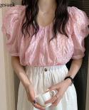 קיץ מתוק נשים חולצות אופנה צווארון נטו חוט נקודות חולצה חדשה נפוח שרוול קצר חולצת קפלים רפויה בגדים ורודים 1438