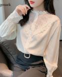  Autumn  Lace Shirt Loose Tops Chic Spliced Solid Long Sleeve Blouse Women Apricot Office Button Ladies Shirts 10900blou