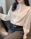 חולצת תחרה סתיו חולצות רפויות שיק חלוקות מוצק חולצת שרוולים ארוכים נשים משמש משרד כפתור חולצות נשים 10900blou