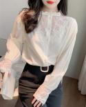  Autumn  Lace Shirt Loose Tops Chic Spliced Solid Long Sleeve Blouse Women Apricot Office Button Ladies Shirts 10900blou