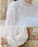 Womens Blouse Embroidered Floral  Chic Lace Sunscreen Shirts See Through Round Neck Bubble Sleeves Solid Lace Shirt 134