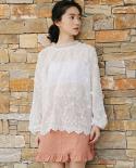 Womens Blouse Embroidered Floral  Chic Lace Sunscreen Shirts See Through Round Neck Bubble Sleeves Solid Lace Shirt 134