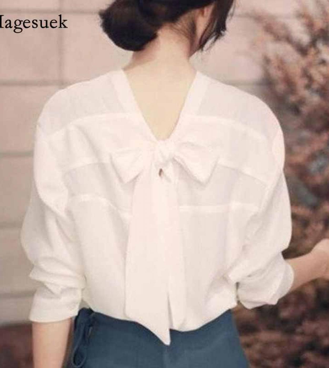 Women Long Sleeve Back Bow Vneck Chic Sweet Shirts  Early Autumn  Style Tops Solid White Chiffon Blouse Blusas 11571  Bl