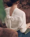 Women Long Sleeve Back Bow Vneck Chic Sweet Shirts  Early Autumn  Style Tops Solid White Chiffon Blouse Blusas 11571  Bl