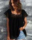 Square Collar Short Sleeve Sweet Blouse 2022 Summer New Casual Loose Women Lace Shirt Solid Color Clothes Blusa Mujer 21
