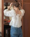 Fashion Women Chiffon Lace Blouse Square Collar Mesh Transparent Lady Shirt Long Sleeve Doll Blouse Sweet Girl Short Top
