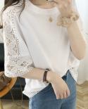 Lace Half Sleeve Tshirt Women Summer Cotton Blouse Hollow Out Fashion Woman Tops White T Shirt O Neck Loose Clothes Blus
