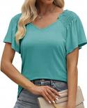 V Neck Flare Short Sleeve Summer T Shirt Casual Women Pleated Tee Tops 2023 Loose Simple Tshirts Ladies Vintage Clothes 