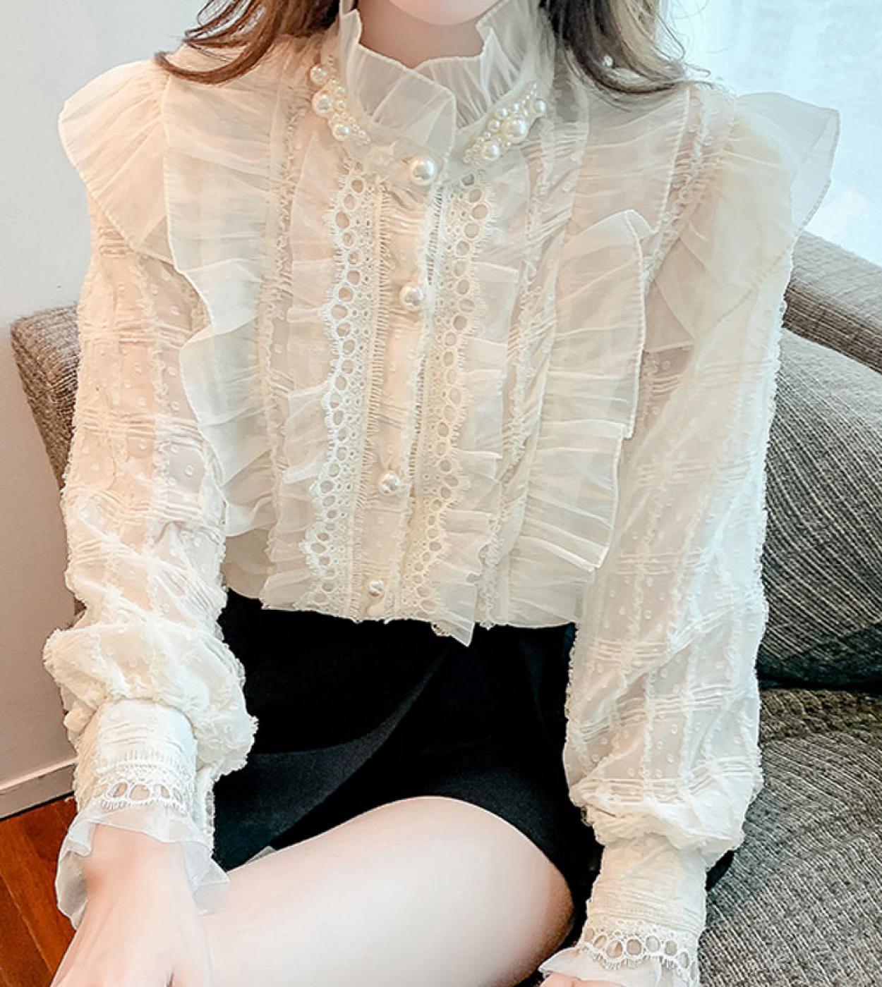 Elegant French Ruffle Vintage Blouse Lace Chiffon Women Stand Collar Bead Sweet Lady Shirt Long Sleeve Top Female Blusas