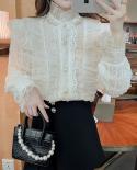 Elegant French Ruffle Vintage Blouse Lace Chiffon Women Stand Collar Bead Sweet Lady Shirt Long Sleeve Top Female Blusas