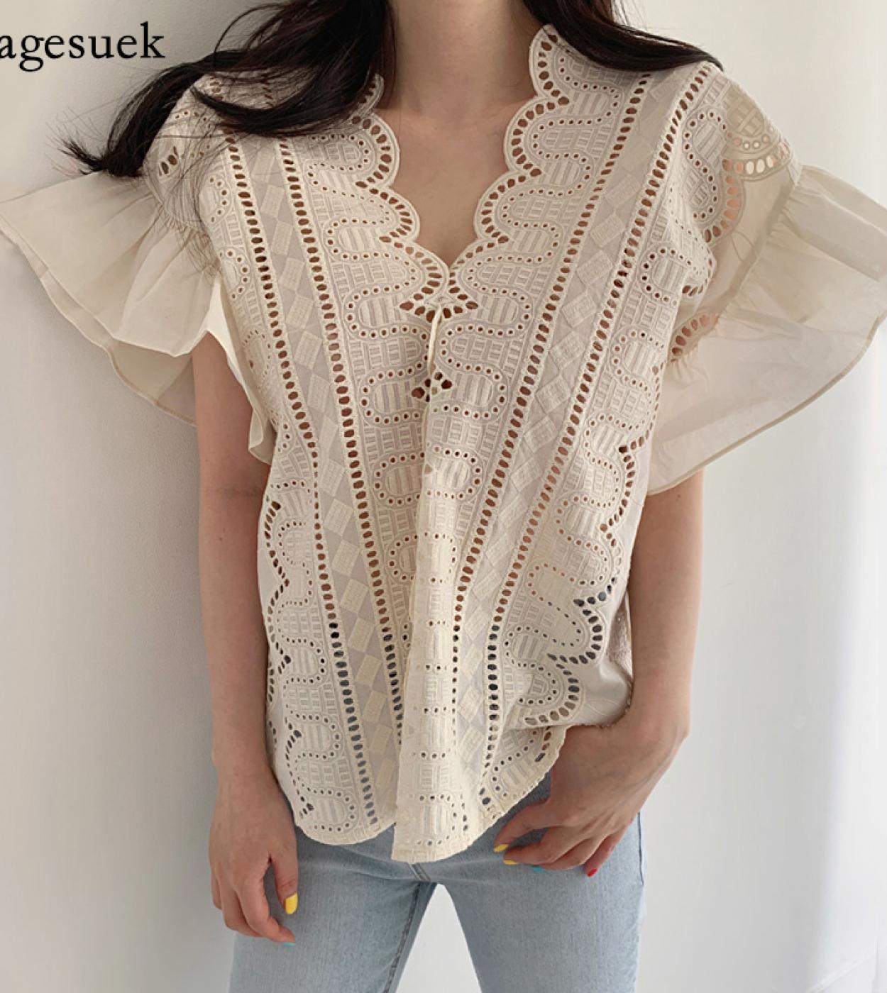 Vneck  New Casual Shirt  Fashion White Blouse Summer Hollow Out Embroidery Vneck Shirt Woman Clothing 14192  Women Blou
