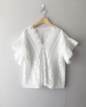 Vneck nueva camisa Casual moda blusa blanca verano ahueca hacia fuera bordado Vneck camisa mujer ropa 14192 mujeres Blou