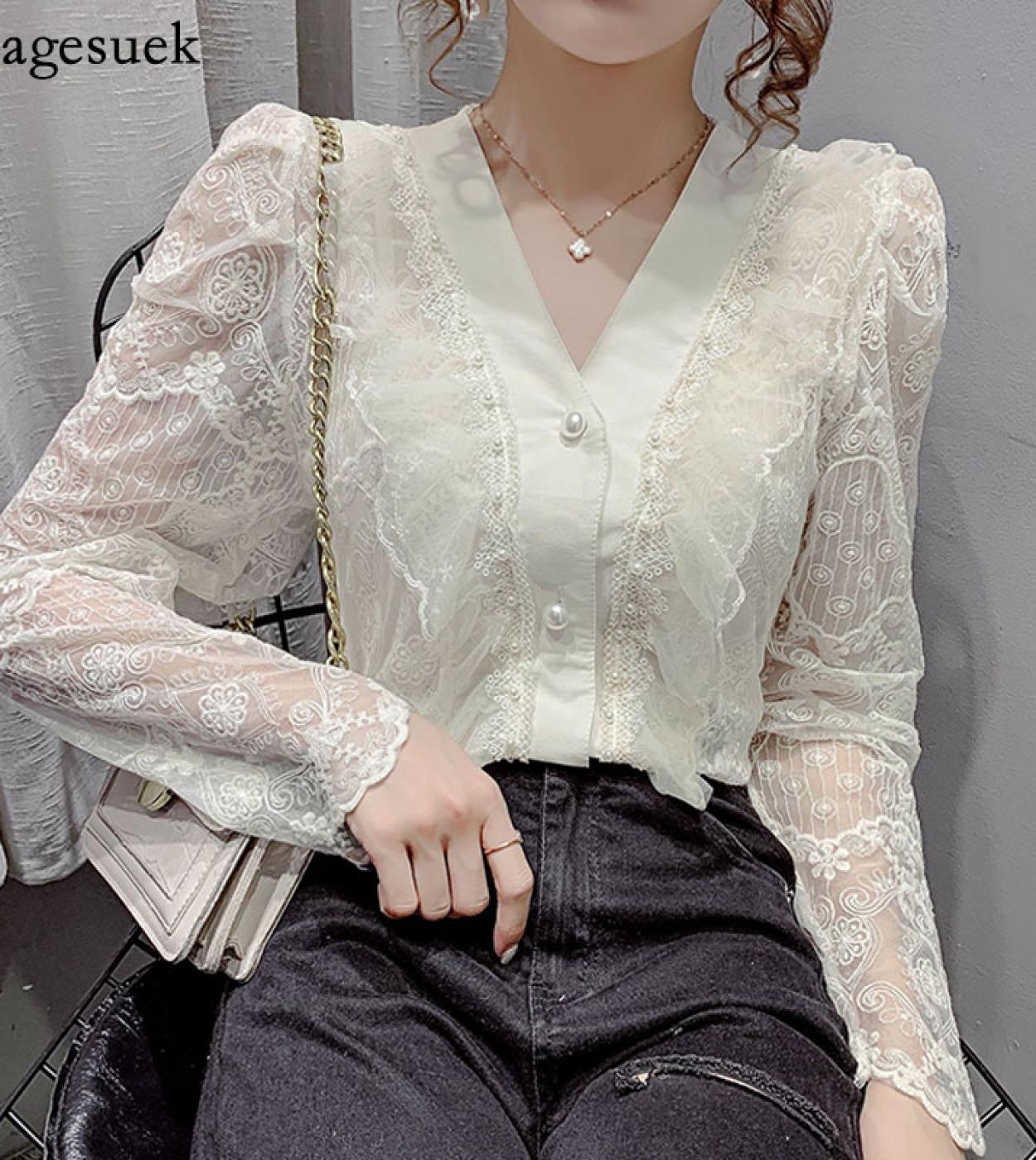 Long Sleeve Womens Shirt Autumn Lace Ruffle Stitching V Neck Blouse Women Sweet Flower Crochet Elegant White Tops Blusa