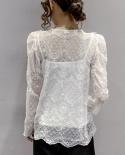 Long Sleeve Womens Shirt Autumn Lace Ruffle Stitching V Neck Blouse Women Sweet Flower Crochet Elegant White Tops Blusa