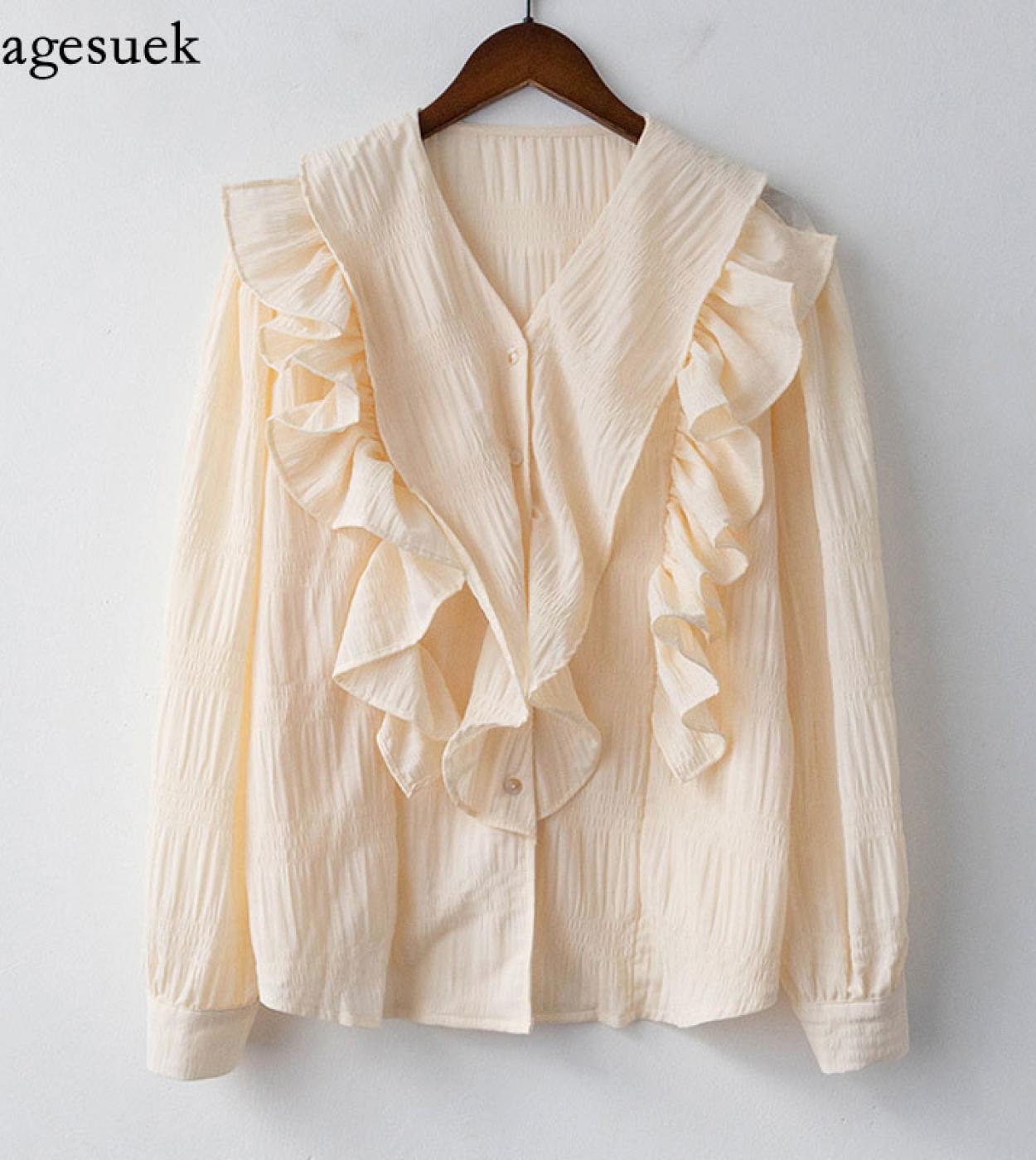  Fashion Long Sleeve Blouse Women V Collar Ruffle Elegant Tops And Blouses White Shirts Spring Loose Sweet Clothes 13577