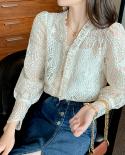 Autumn Womens Blouse  Vneck Palace Elegant Lace Blouse Puff Sleeve Crochet Flower Hollow Shirt Long Sleeve Tops 16995  