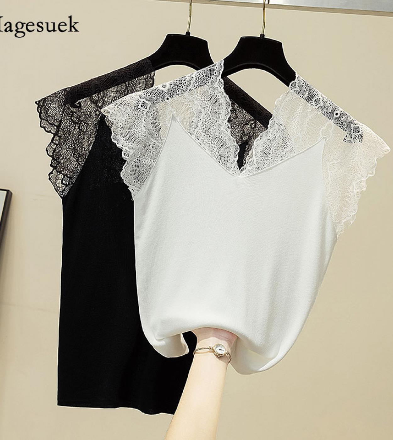  Lace Stitching Knitted Tank Tops V Neck Ice Silk Summer Blouse Women Slim Vest Fashion Sleeveless Bottoming Tee Shirt 1