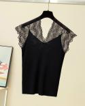  Lace Stitching Knitted Tank Tops V Neck Ice Silk Summer Blouse Women Slim Vest Fashion Sleeveless Bottoming Tee Shirt 1