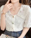 Summer Hollow Lace Blouses Women Sweet Pearl Doll Collar Princess Style Ladies Shirt  Short Sleeve Loose Floral Tops 151